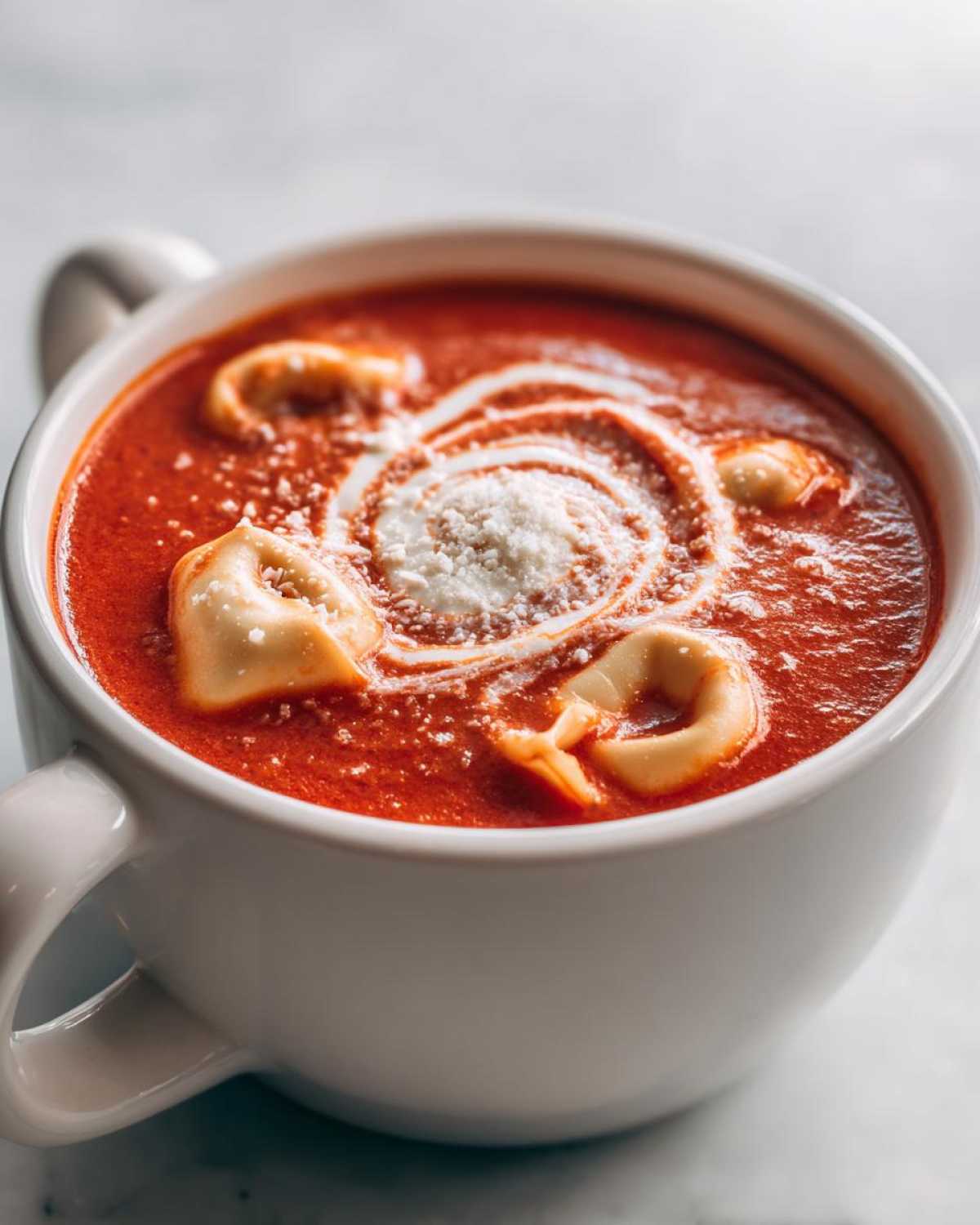 Close-up of a white mug filled with vibrant red Creamy Tomato Tortellini Soup, topped with cream swirl and grated Parmesan.