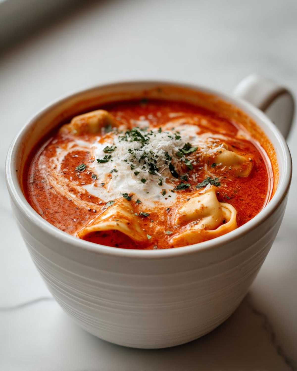 Close-up of a white mug filled with rich Creamy Tomato Tortellini Soup, topped with cream swirl, Parmesan, and parsley.