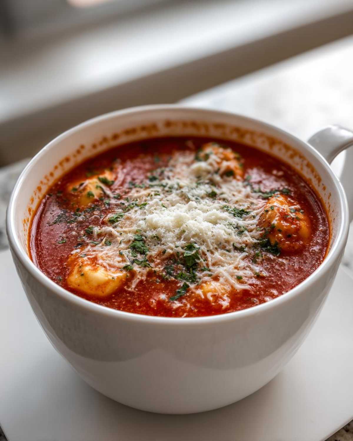 Close-up of a white bowl filled with rich Creamy Tomato Tortellini Soup, topped with grated Parmesan cheese and parsley.