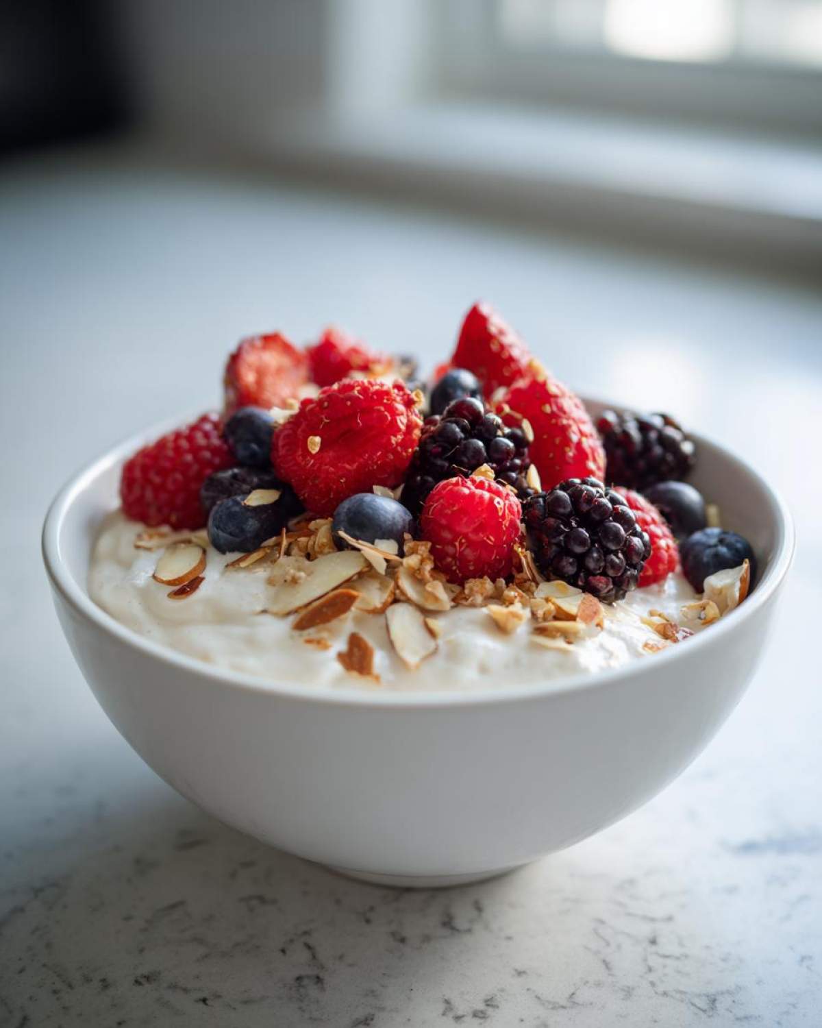 A close-up of a Creamy Vanilla Protein Smoothie Bowl topped with fresh raspberries, blueberries, blackberries, and sliced almonds.