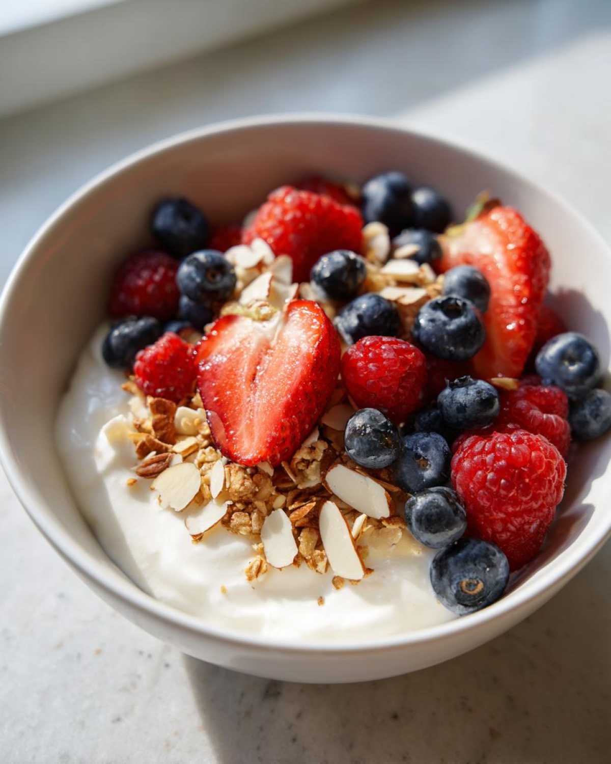 A bowl of creamy vanilla protein smoothie base topped with fresh berries, granola, and sliced almonds.