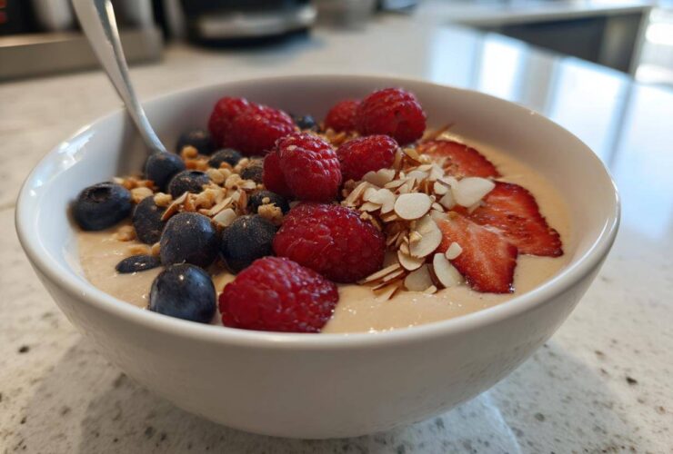 A close-up of a Creamy Vanilla Protein Smoothie Bowl topped with fresh raspberries, blueberries, sliced strawberries, and almonds.