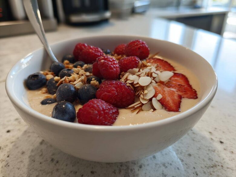A close-up of a Creamy Vanilla Protein Smoothie Bowl topped with fresh raspberries, blueberries, sliced strawberries, and almonds.