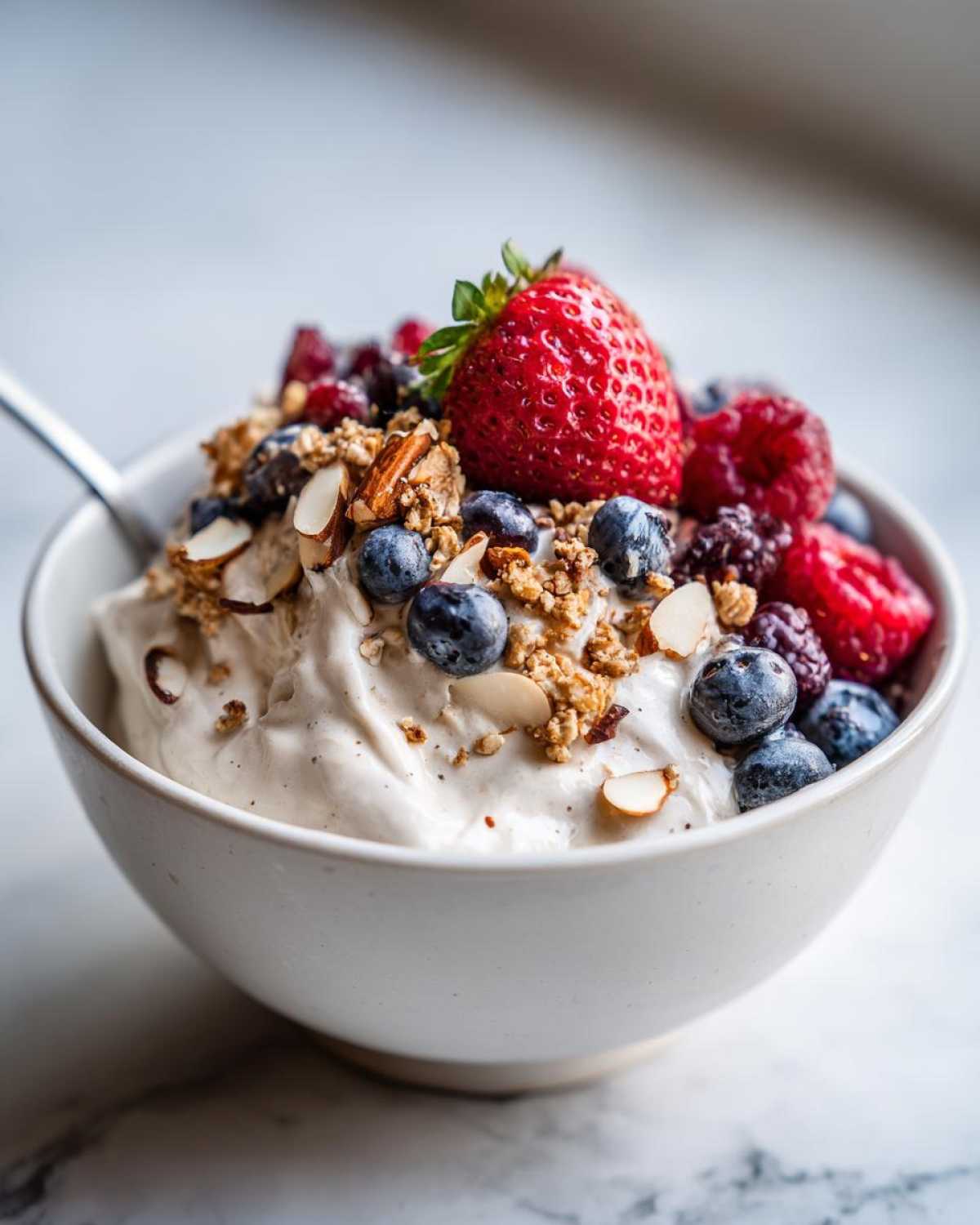A close-up of a Creamy Vanilla Protein Smoothie Bowl topped with fresh berries, granola, and sliced almonds.