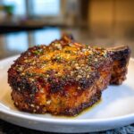 A thick, bone-in pork chop, perfectly cooked and topped with glistening garlic butter, ready to eat.