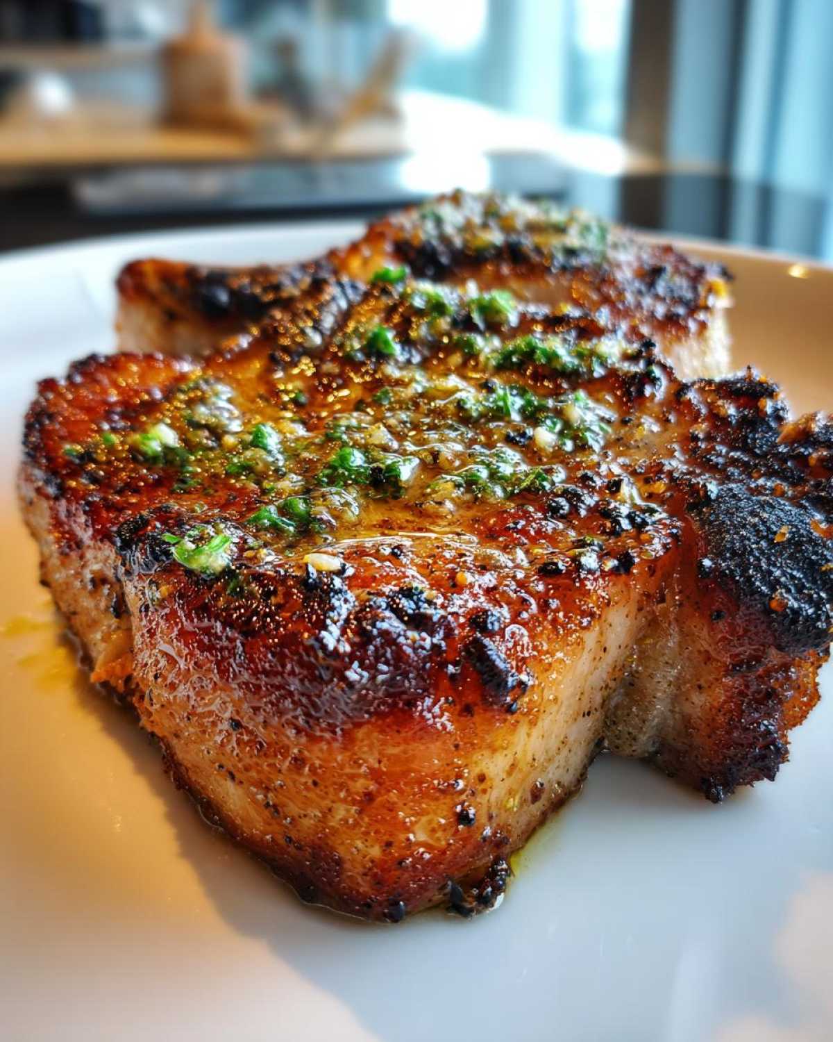 Close-up of two juicy, crispy air fryer pork chops topped with melted garlic butter and fresh herbs.