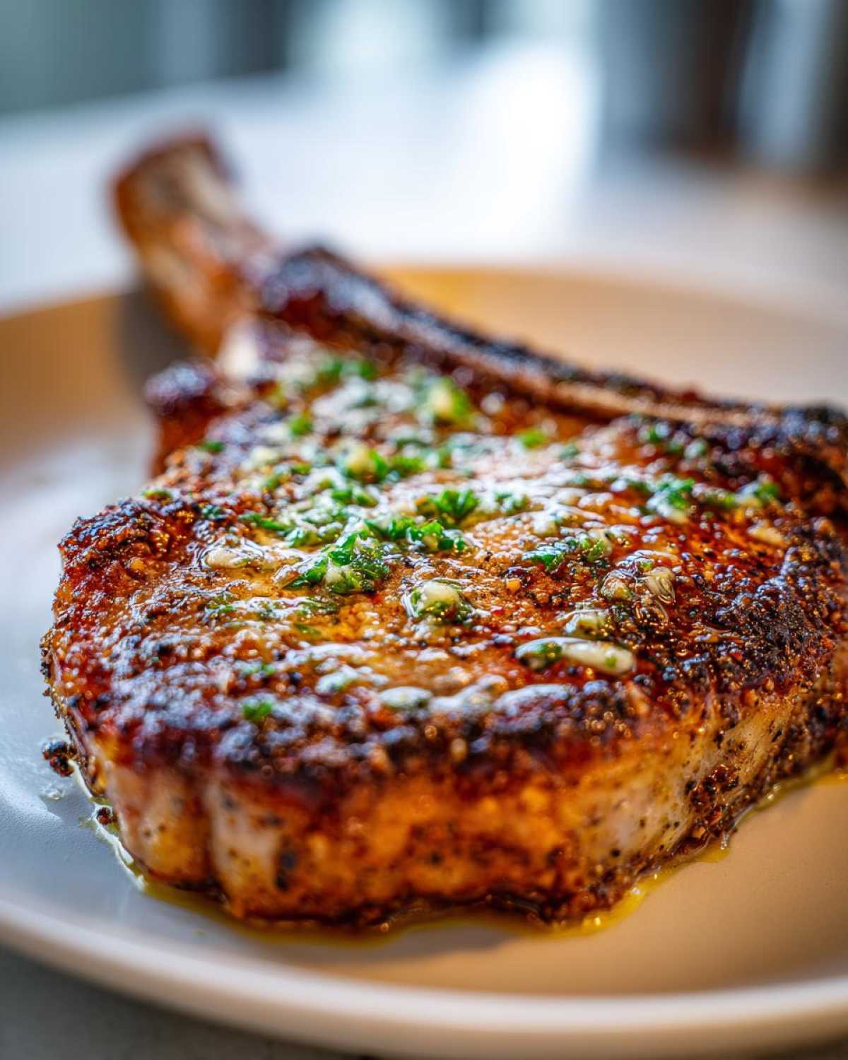 Close-up of a thick, bone-in Crispy Air Fryer Pork Chop topped with melted garlic butter and fresh parsley.
