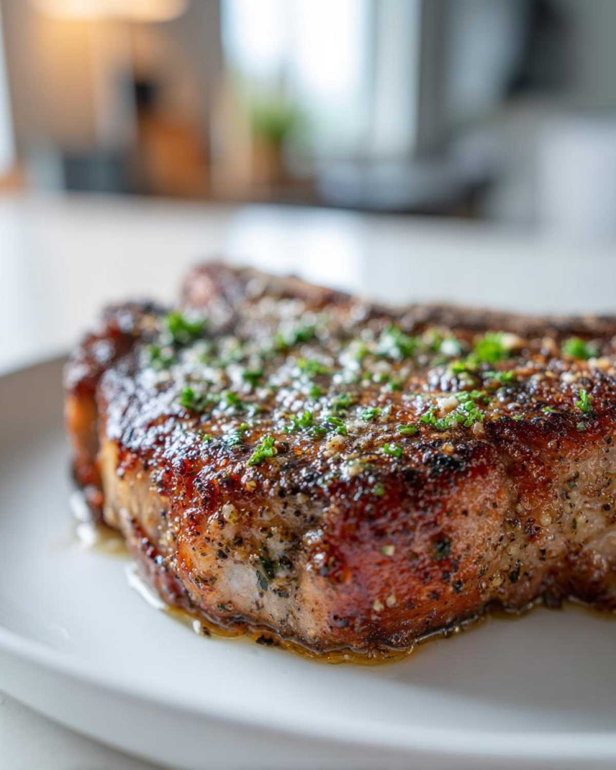 Close-up of a thick, perfectly seared Crispy Air Fryer Pork Chop seasoned with pepper and topped with garlic butter and parsley.