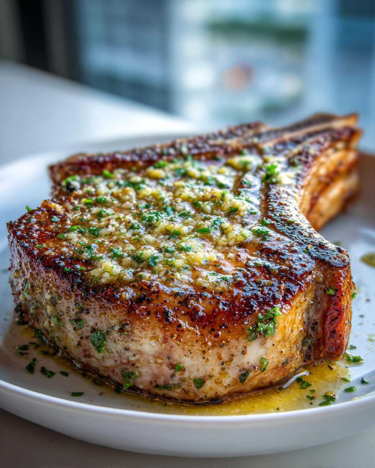 A thick, bone-in Crispy Air Fryer Pork Chop generously topped with melted garlic butter and fresh parsley.