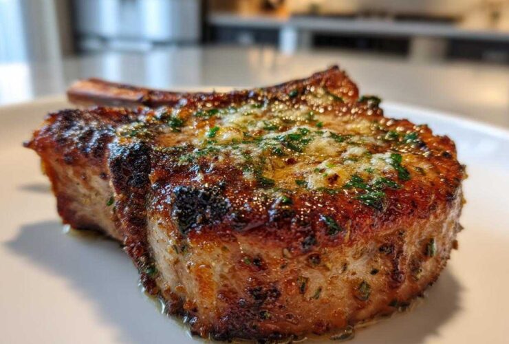 Close-up of a thick, juicy Crispy Air Fryer Pork Chop topped with melted garlic butter and fresh parsley.