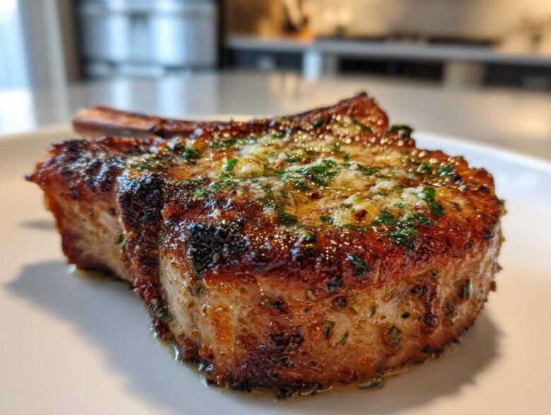 Close-up of a thick, juicy Crispy Air Fryer Pork Chop topped with melted garlic butter and fresh parsley.
