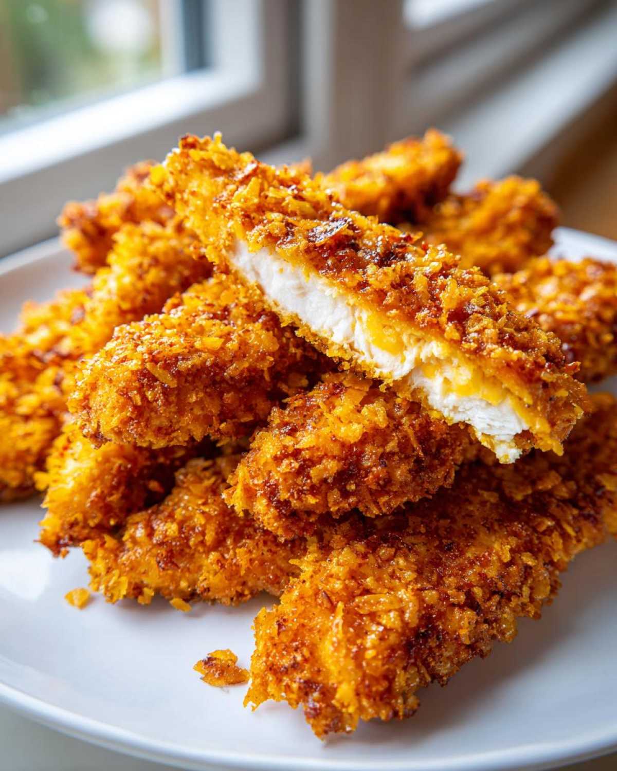 A pile of golden brown Crispy Baked Chicken Tenders with Cornflake Crust, one cut open showing juicy white meat.