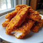 Close-up of golden brown Crispy Baked Chicken Tenders with Cornflake Crust piled on a white plate.