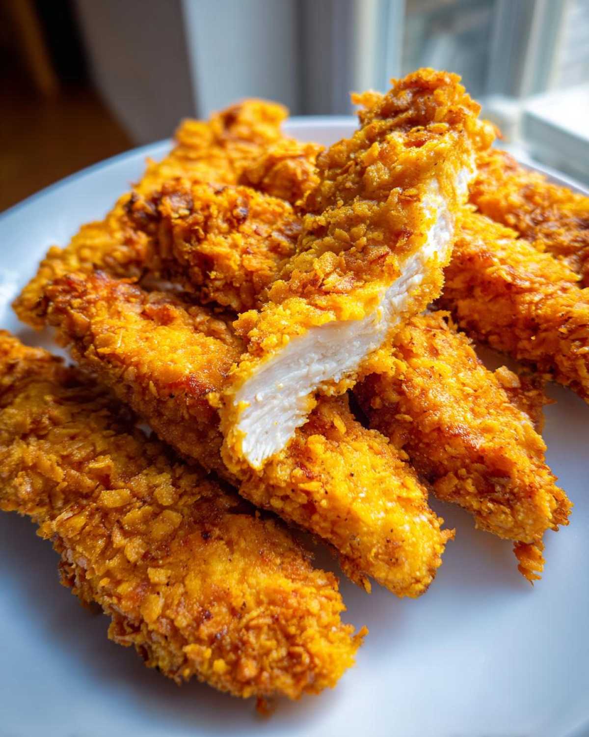 Close-up of golden brown Crispy Baked Chicken Tenders with Cornflake Crust, one piece cut open showing juicy white meat.