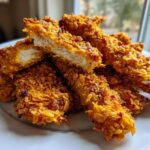 Close-up of golden brown Crispy Baked Chicken Tenders with Cornflake Crust piled on a white plate, one cut open showing white meat.