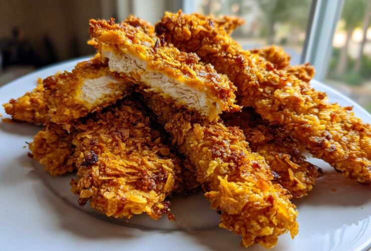 Close-up of golden brown Crispy Baked Chicken Tenders with Cornflake Crust piled on a white plate, one cut open showing white meat.
