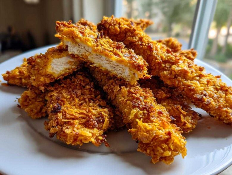 Close-up of golden brown Crispy Baked Chicken Tenders with Cornflake Crust piled on a white plate, one cut open showing white meat.