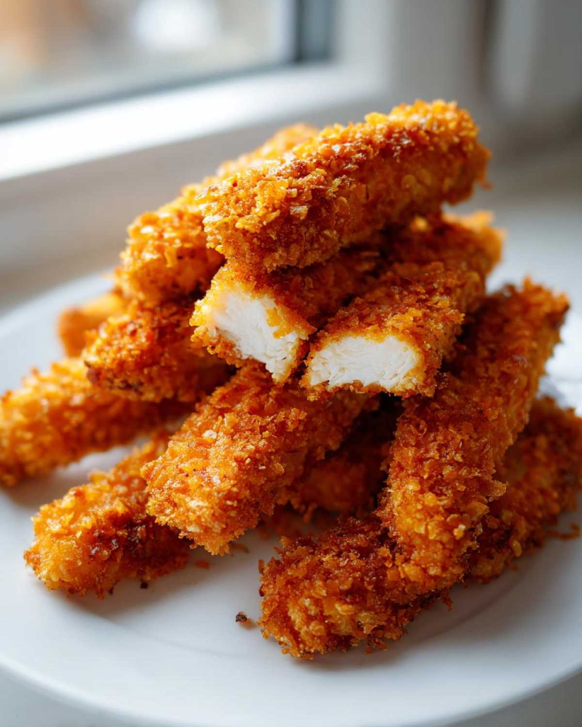 A stack of golden brown Crispy Baked Chicken Tenders with Cornflake Crust, one cut open showing juicy white meat.