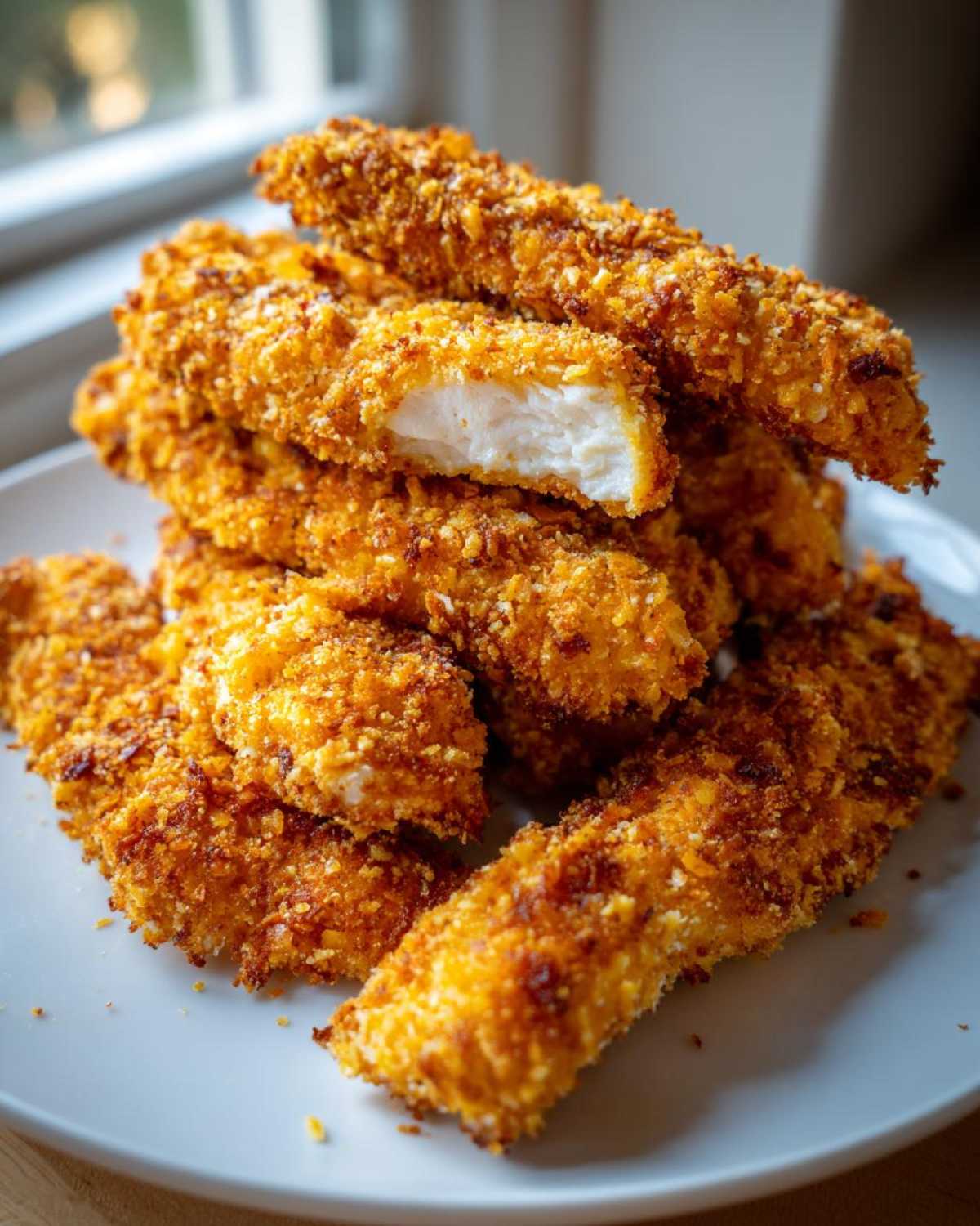 A pile of golden brown Crispy Baked Chicken Tenders with Cornflake Crust, one piece broken open showing white meat.