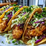 Close-up of three Crispy Baked Fish Tacos loaded with crunchy slaw and fresh cilantro.