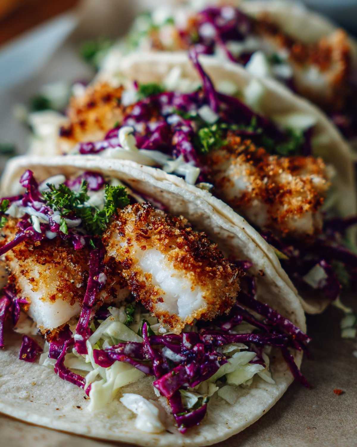 Close-up of two Crispy Baked Fish Tacos filled with golden breaded fish, shredded red and green cabbage slaw, and a drizzle of sauce.