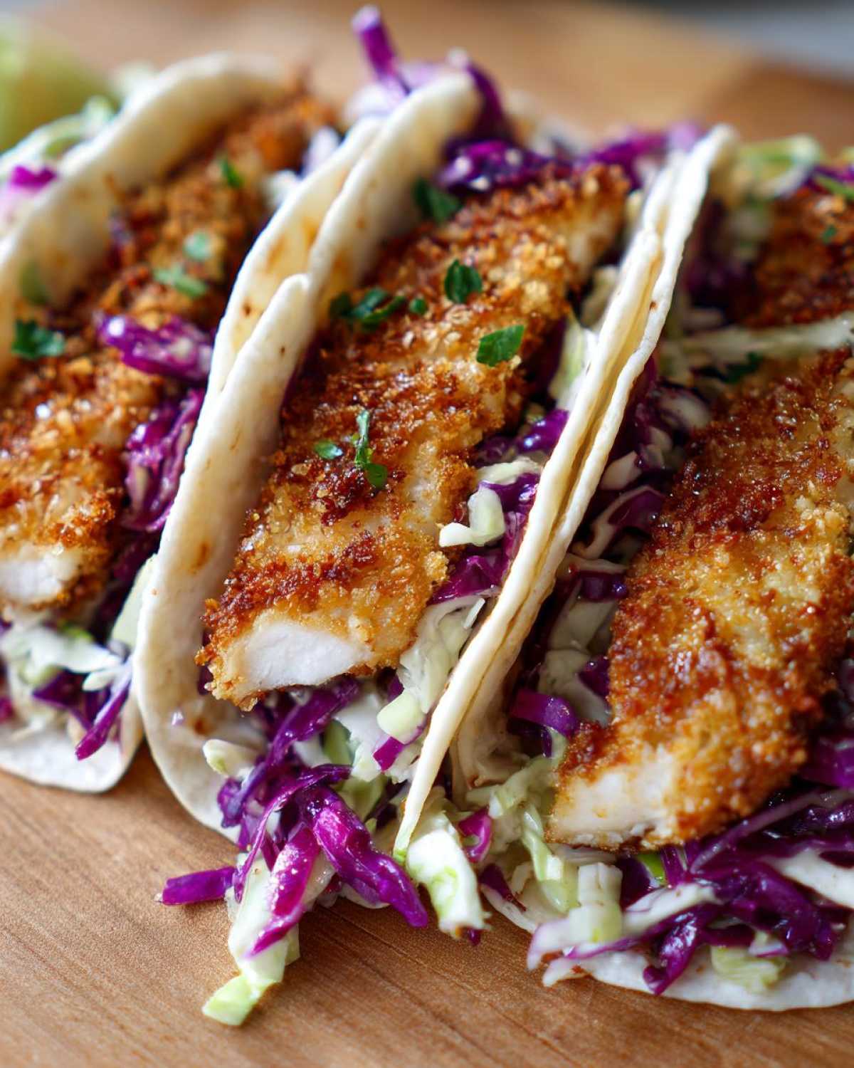 Three Crispy Baked Fish Tacos filled with golden breaded fish and vibrant red and green lime slaw.