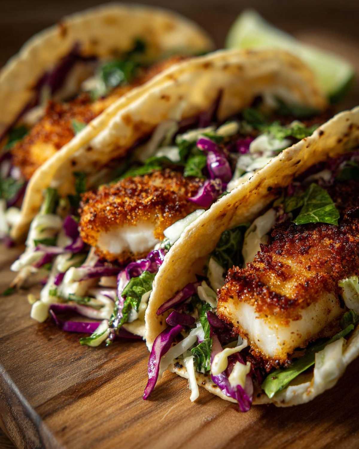 Close-up of three Crispy Baked Fish Tacos filled with golden fish and purple lime slaw on a wooden board.