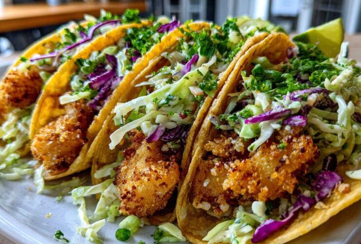 Close-up of three Crispy Baked Fish Tacos loaded with crunchy slaw and fresh cilantro.
