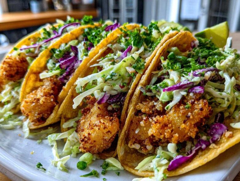 Close-up of three Crispy Baked Fish Tacos loaded with crunchy slaw and fresh cilantro.