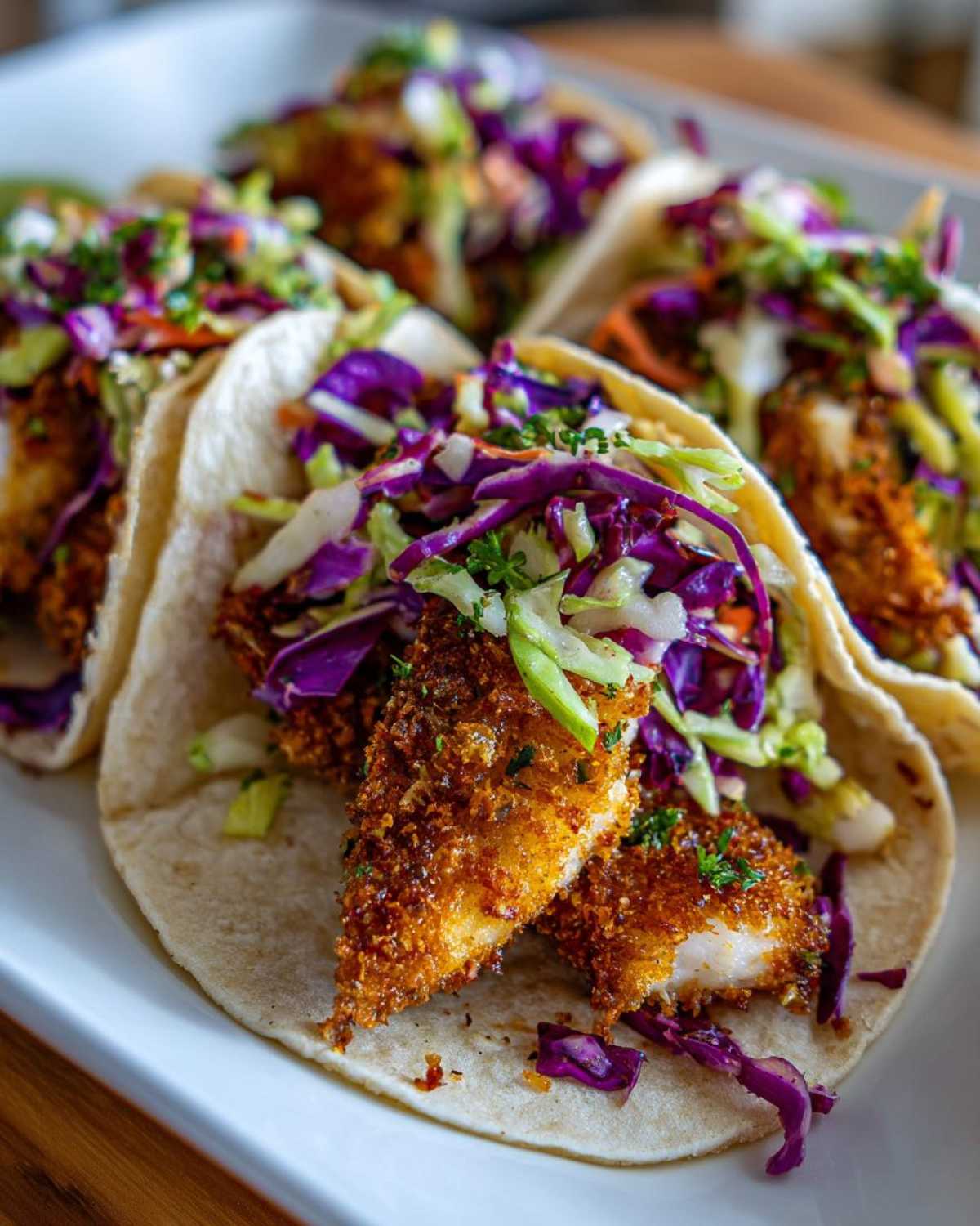 Close-up of several Crispy Baked Fish Tacos filled with golden breaded fish and vibrant purple and green lime slaw.