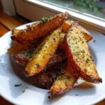 A pile of golden brown, crispy baked garlic parmesan potato wedges sprinkled with fresh parsley on a white plate.