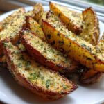 A close-up of golden brown Crispy Baked Garlic Parmesan Potato Wedges seasoned with herbs on a white plate.