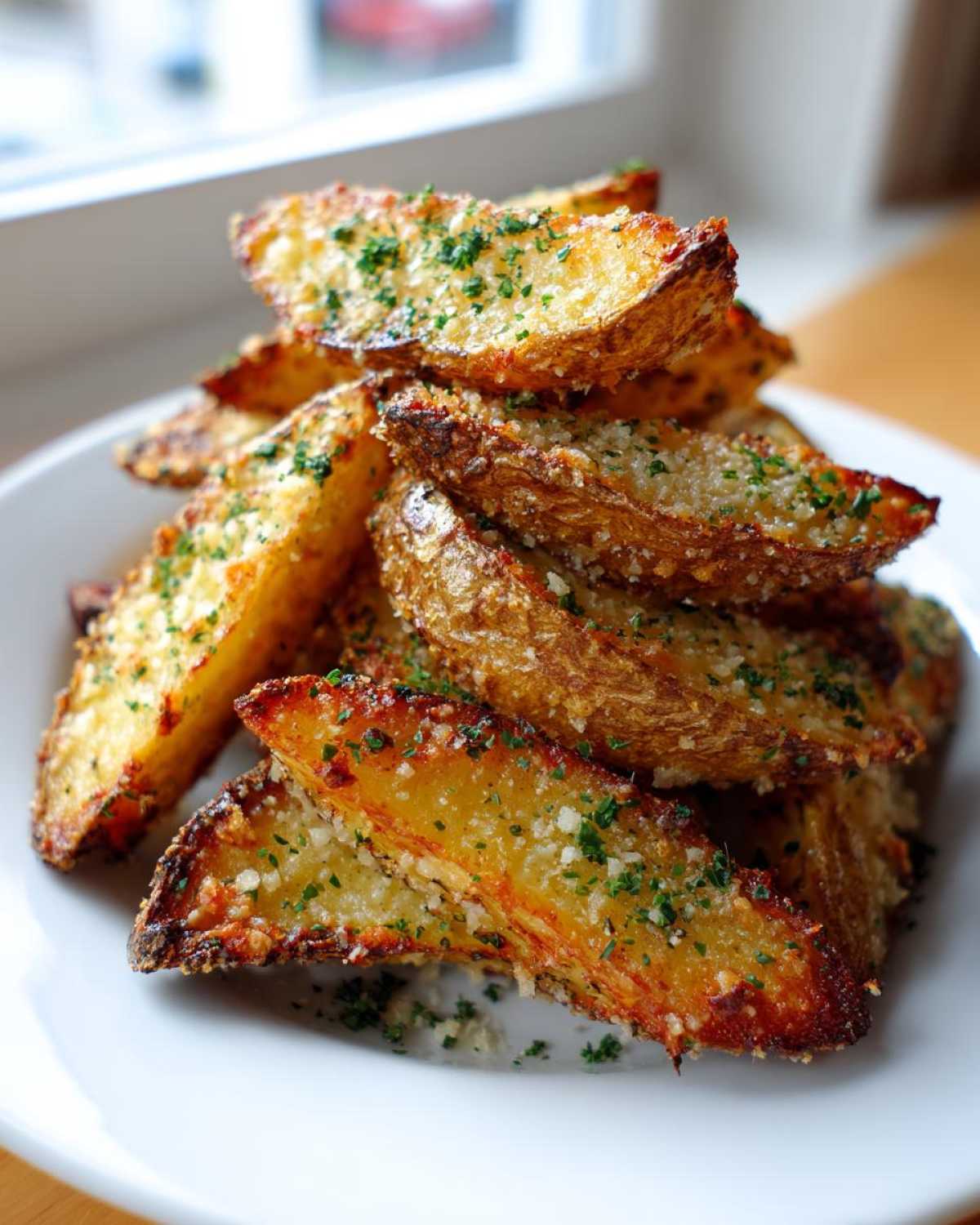A stack of golden brown, crispy baked garlic parmesan potato wedges sprinkled with fresh parsley on a white plate.