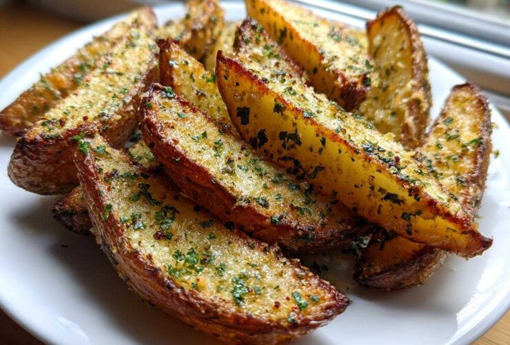 A close-up of golden brown Crispy Baked Garlic Parmesan Potato Wedges seasoned with herbs on a white plate.