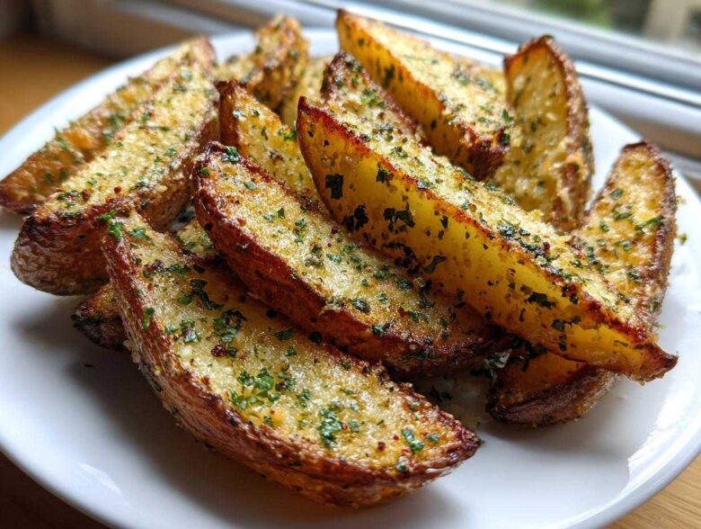 A close-up of golden brown Crispy Baked Garlic Parmesan Potato Wedges seasoned with herbs on a white plate.