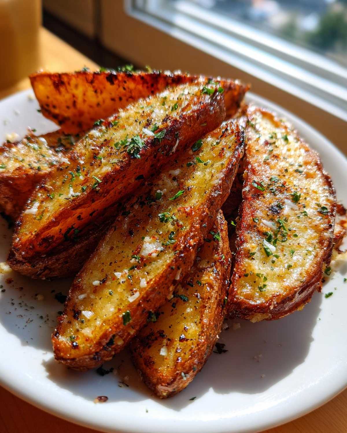 Close-up of golden brown Crispy Baked Garlic Parmesan Potato Wedges topped with fresh parsley and cheese.