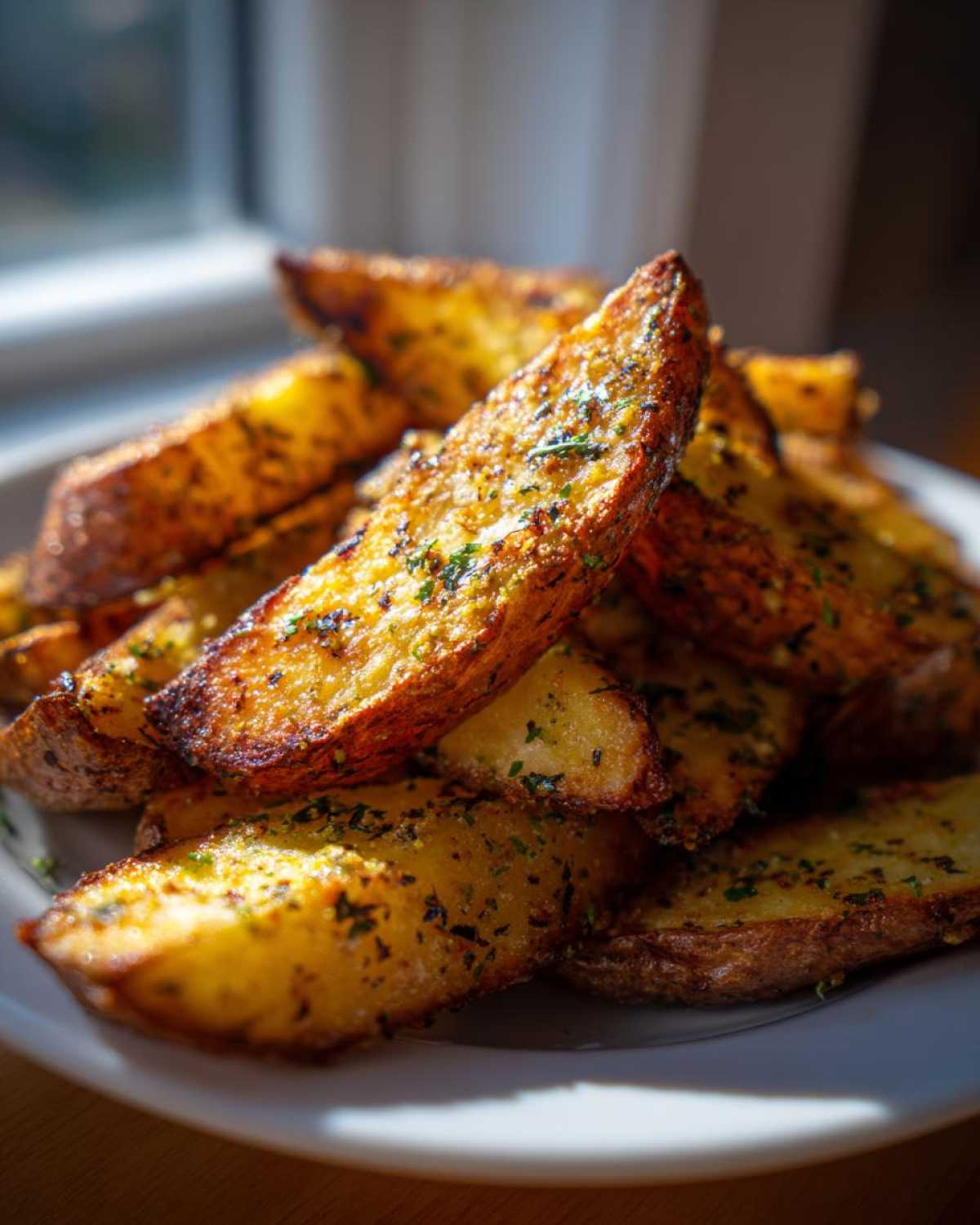 A close-up of golden brown, crispy baked garlic parmesan potato wedges piled high on a white plate.