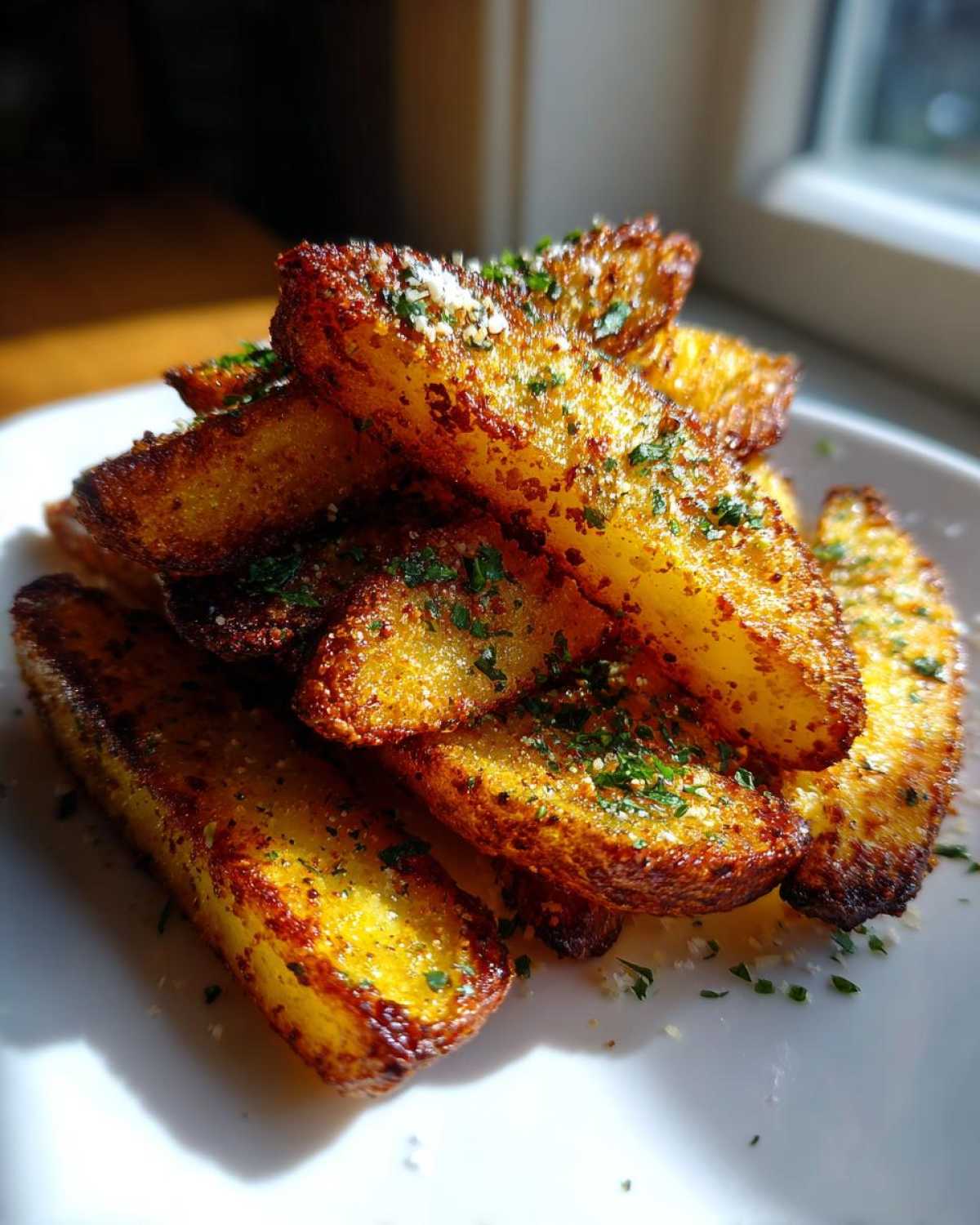 A close-up stack of golden brown Crispy Baked Garlic Parmesan Potato Wedges topped with grated cheese and parsley.