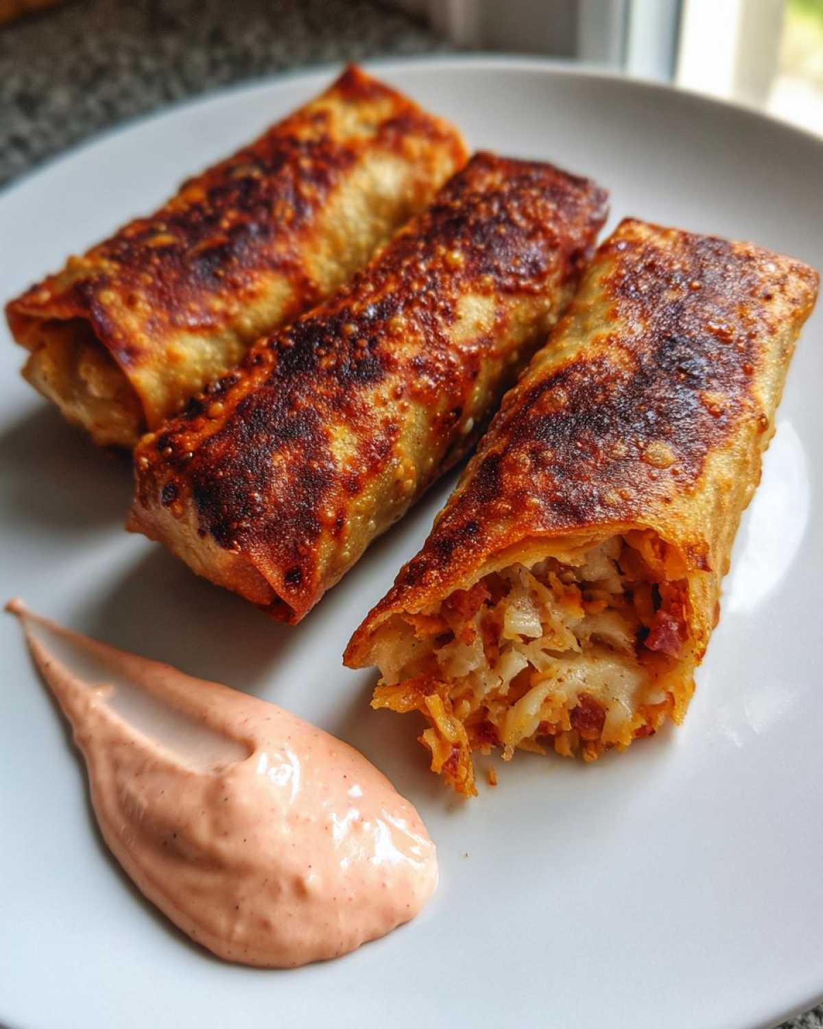 Three Crispy Baked Reuben Egg Rolls on a white plate with a smear of Thousand Island dip.