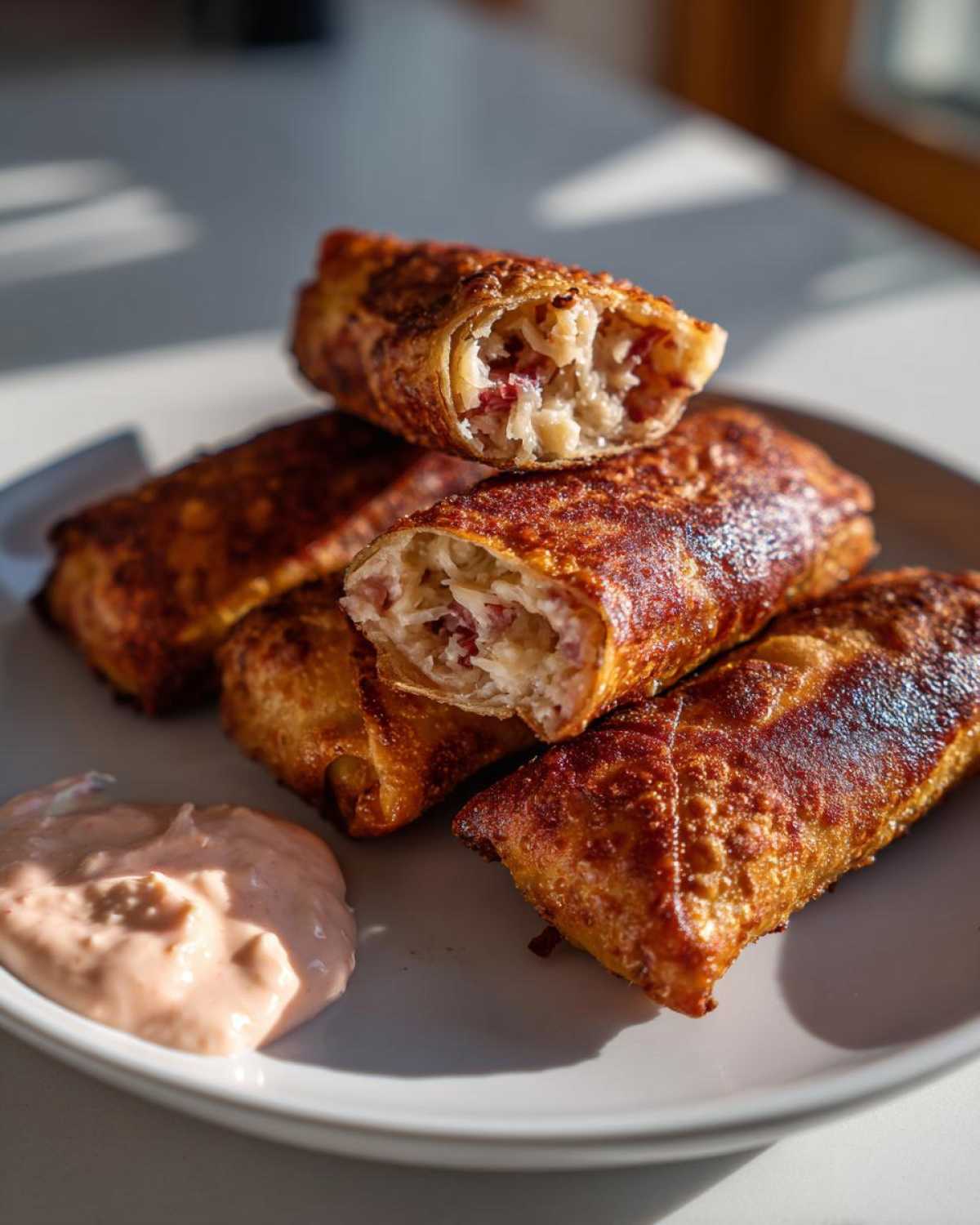Close-up of golden brown Crispy Baked Reuben Egg Rolls stacked on a plate with a side of Thousand Island Dip.
