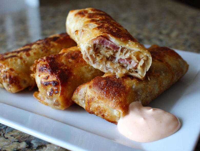 Close-up of crispy baked Reuben egg rolls, one cut open showing corned beef and sauerkraut, served with Thousand Island dip.