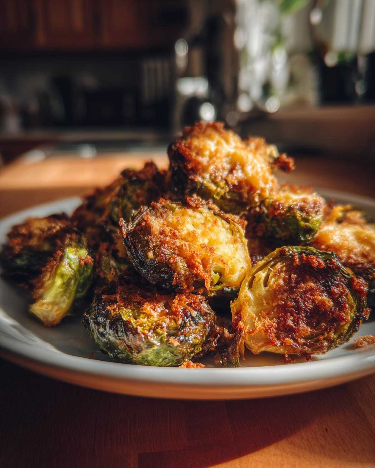 A close-up of roasted Brussels sprouts topped with a golden, crispy Parmesan crust, ready to eat.