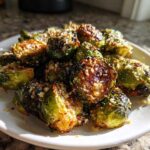 A close-up of roasted Crispy Parmesan Brussels Sprouts piled high on a white plate, showing caramelized edges and grated cheese.