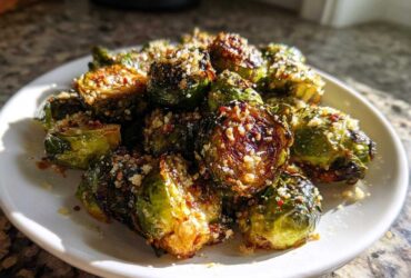 A close-up of roasted Crispy Parmesan Brussels Sprouts piled high on a white plate, showing caramelized edges and grated cheese.