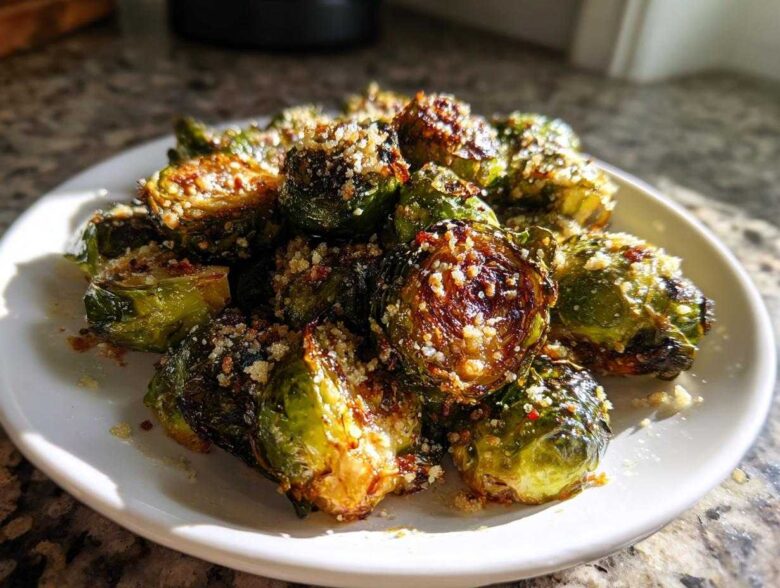 A close-up of roasted Crispy Parmesan Brussels Sprouts piled high on a white plate, showing caramelized edges and grated cheese.