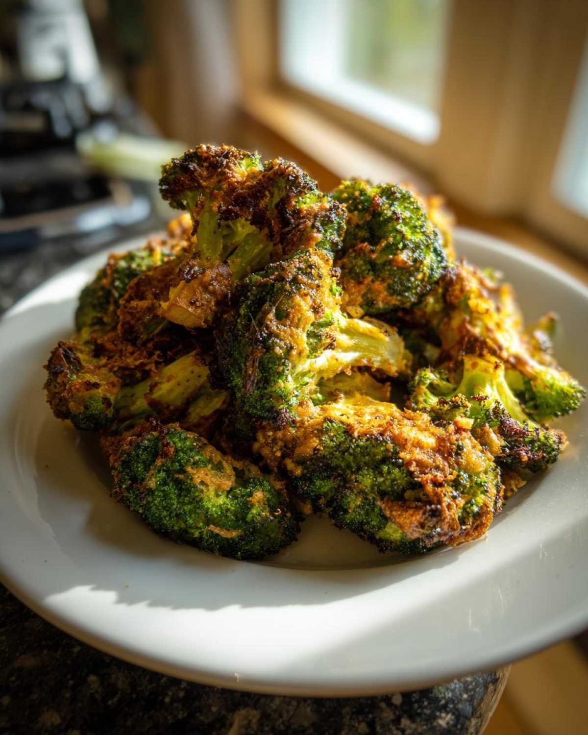 A pile of deeply roasted, Crispy Parmesan Roasted Broccoli florets on a white plate.