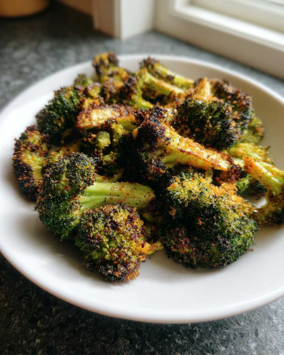 A close-up of perfectly cooked Crispy Parmesan Roasted Broccoli florets piled high on a white plate.