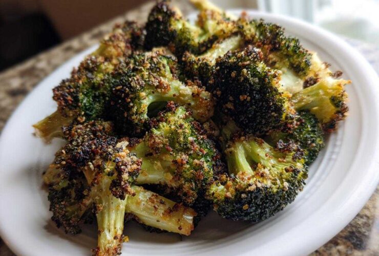Close-up of deeply roasted, dark green Crispy Parmesan Roasted Broccoli florets piled on a white plate.