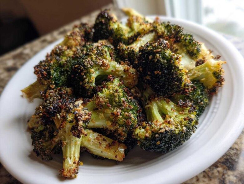 Close-up of deeply roasted, dark green Crispy Parmesan Roasted Broccoli florets piled on a white plate.