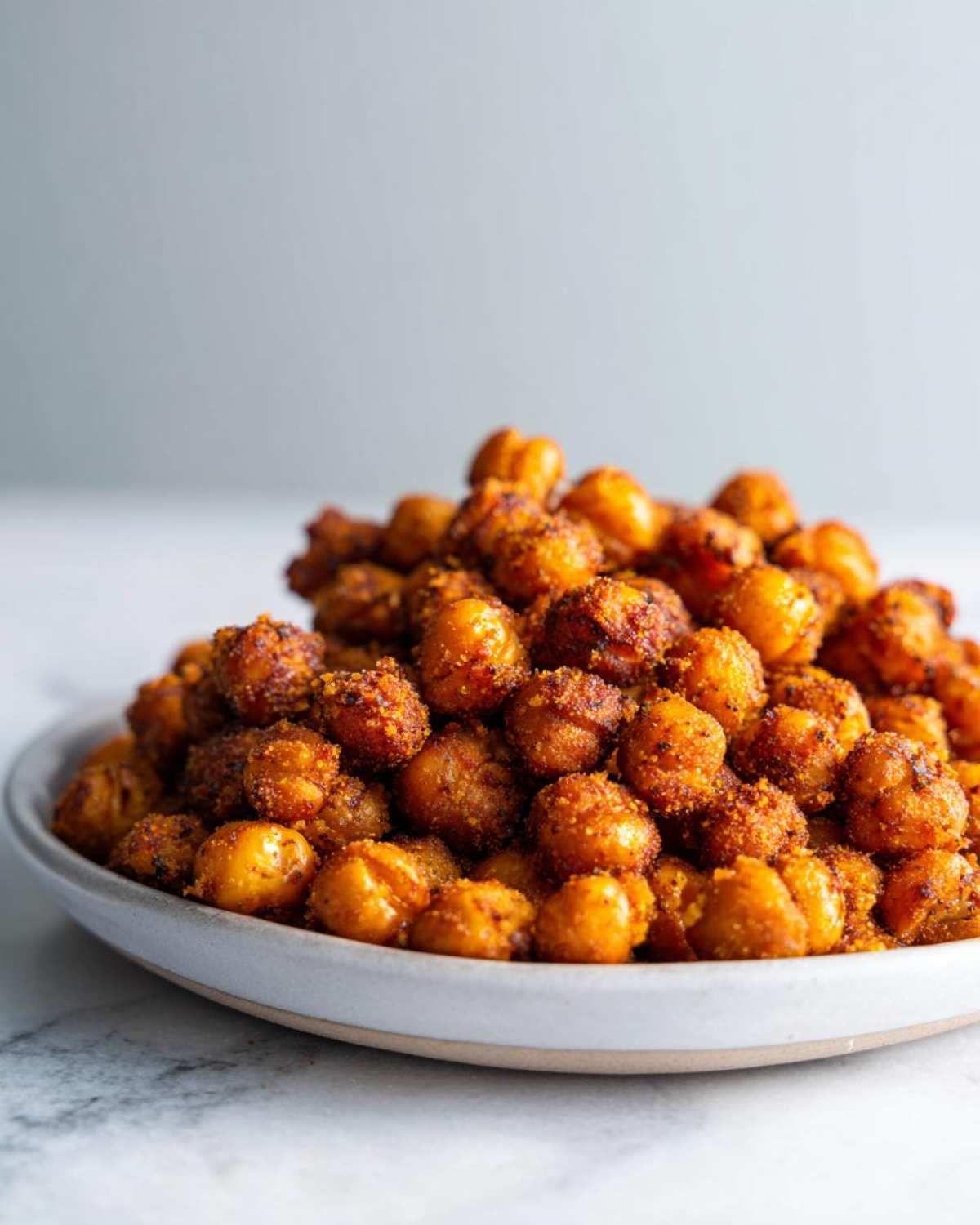 Close-up of a white bowl overflowing with golden, seasoned Crunchy Air Fryer Ranch Chickpeas.